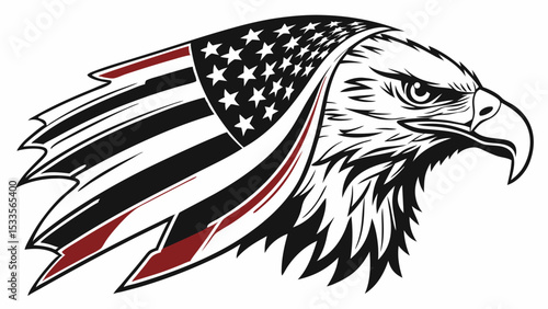Illustration of an eagle head with american flag design incorporated into its feathers and wing shape