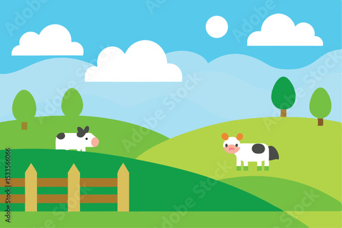 A vibrant cartoon vector illustration of a summer farm landscape with cows grazing in a green meadow under a blue sky, featuring a house, trees, and distant mountains