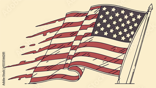 Illustration of a waving american flag with stars and stripes on a pole against a cream background