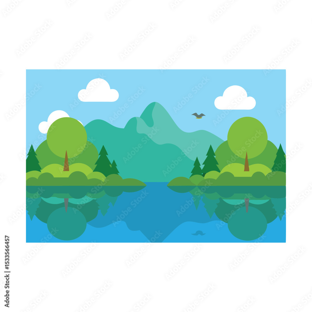 Fototapeta premium Lush summer landscape vector with trees, green hills, and mountains under a clear sky