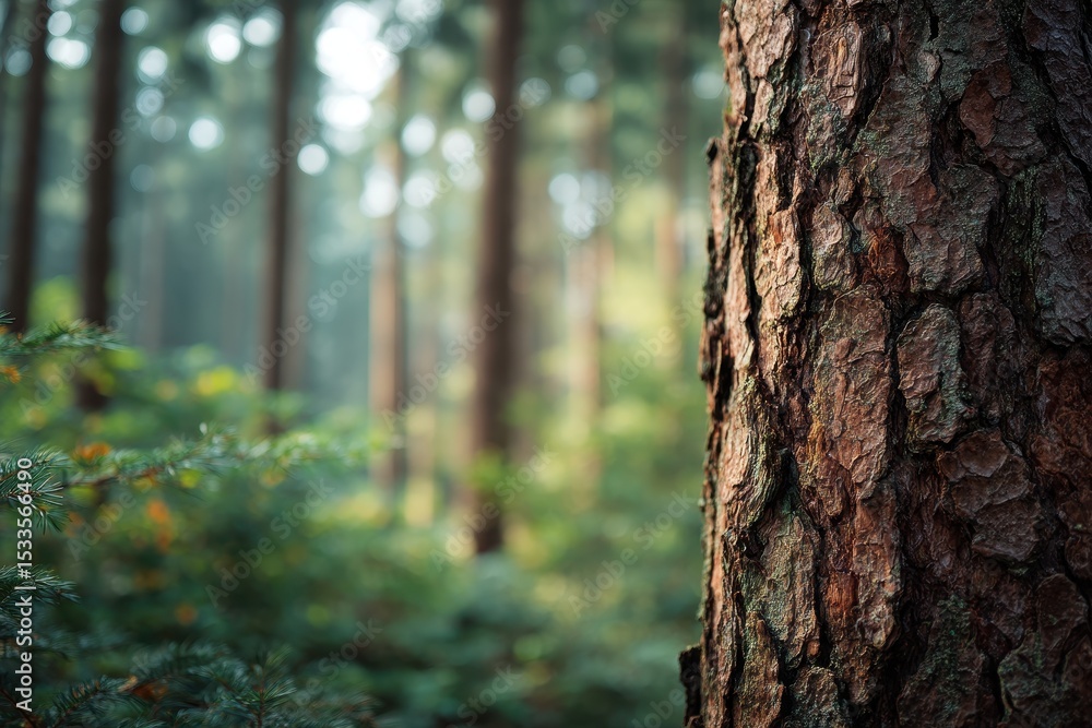 Fototapeta premium Close-up of textured tree bark, sunlight highlighting its rich brown tones, set against a softly blurred background of a misty forest