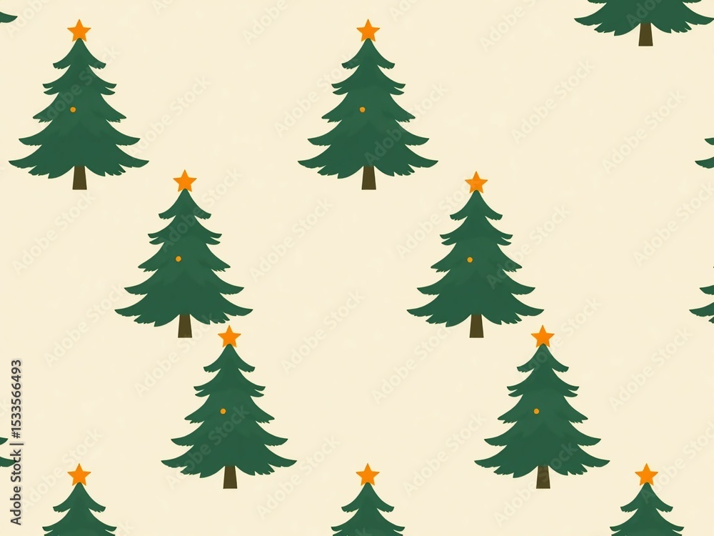 Repeating pattern of dark green Christmas trees with yellow stars, festive holiday background, minimalist design, seamless vector illustration, winter celebration Repeating pattern of dark green Christmas trees with yellow stars, festive holiday background, minimalist design, seamless vector illustration, winter celebration