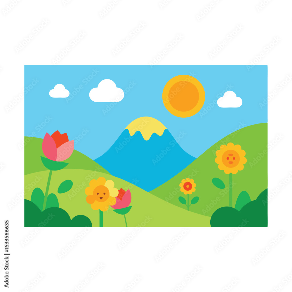 Obraz premium Autumn landscape illustration with green trees, blue sky, and flowers