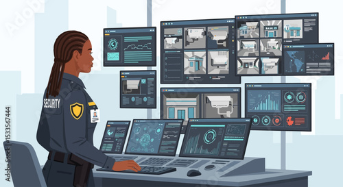 Security Officer Monitoring Surveillance System Screens