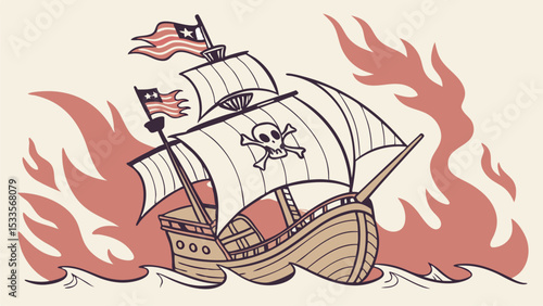 Illustration of a pirate ship sailing on the sea with flames and flags in the background scene view