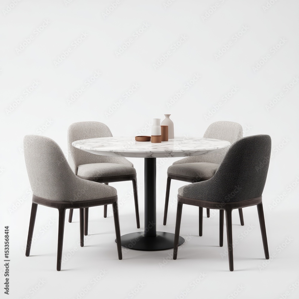 Obraz premium Minimalist dining set round marble-topped table with four upholstered chairs on dark wood legs against a white backdrop