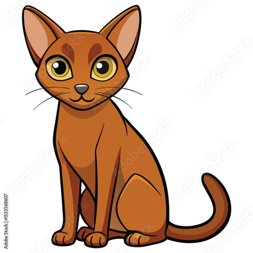 Abyssinian cat with ruddy ticked coat sitting attentively, a sleek domestic feline, alert and curious, white background.