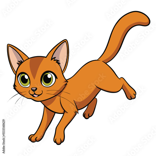 Abyssinian cat with ruddy ticked coat in mid-air twisting, a sleek domestic feline, dynamic and agile, white background.