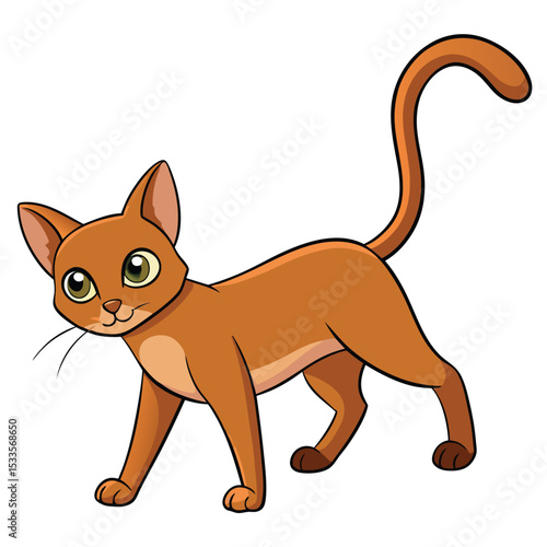 Abyssinian cat with ruddy ticked coat stretching gracefully, a sleek domestic feline, elegant and active, white background.