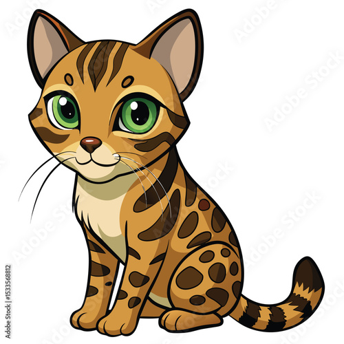 Bengal cat with spotted brown fur stalking prey, a wild-looking domestic feline, focused and ready, white background.
