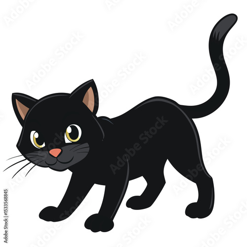 Black cat with sleek fur creeping low to the ground, a stealthy feline, hunting stance, white background.