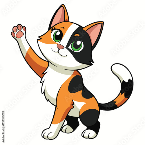 Calico cat with tri-color fur playfully nipping, a domestic feline, engaged in fun, white background.