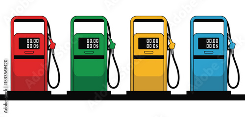 Four Colorful Gas Pumps in a Row Fuel Station Illustration