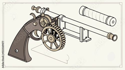 Illustration of a steampunk gun with gears and telescope elements in isometric perspective view design