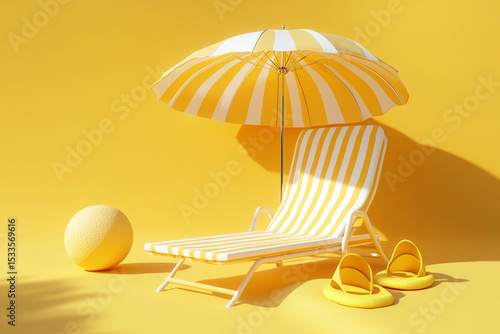Sunny Yellow Beach Still Life Umbrella, Lounge Chair, Ball, and Sandals in Studio Setting