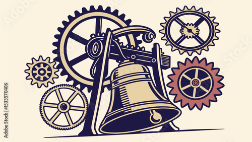 Illustration of a bell with a mechanical structure and several gears surrounding it in a vintage style