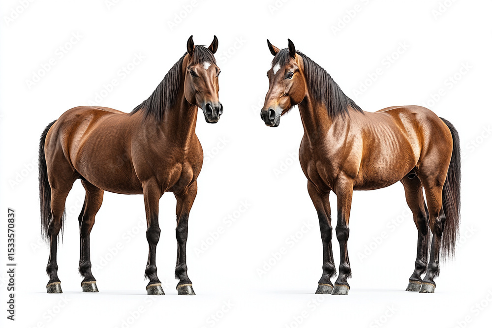 Fototapeta premium Two Beautiful Brown Horses Standing Tall on a White Background in a Studio Setting
