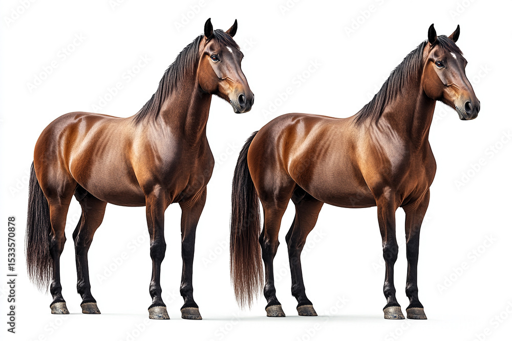 Obraz premium Two Elegant Brown Horses with Black Manes and Tails Standing on White Background