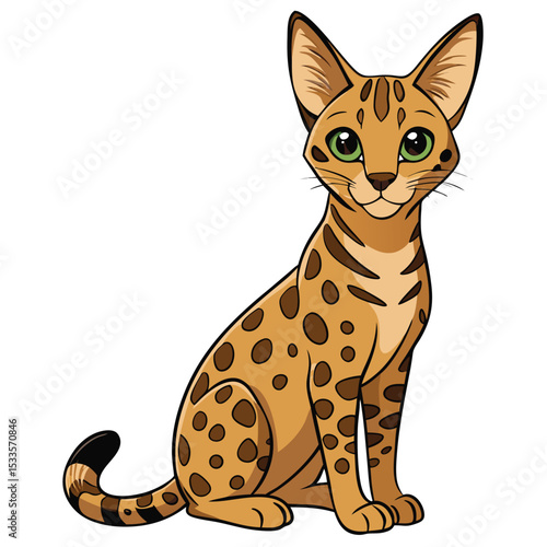 a Savannah cat with a spotted coat sits tall, showing its regal posture and wild, alert nature.