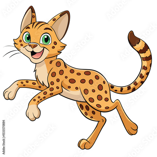 a Savannah cat with a spotted coat bounds joyfully, showing its incredible athleticism and energy.
