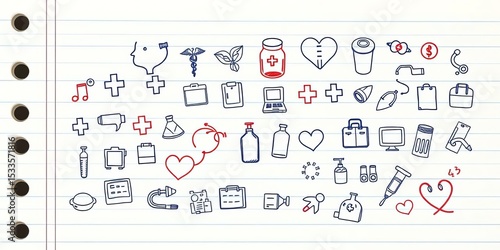 Hand-drawn medical icons sketched on lined notebook paper; healthcare, pharmacy doodles,  doctor,  hand drawn
