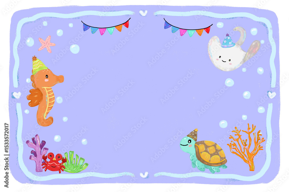 cute blank empty hand drawn purple violet colorful sea ocean theme kids birthday party greeting card notes name label memo doodle bunting flag garland crayon watercolor kids illustration design png
