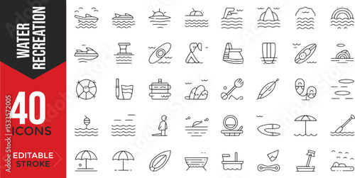 Water Adventures Icon Set – Editable Line Icons for Aquatic Sports & Recreation

