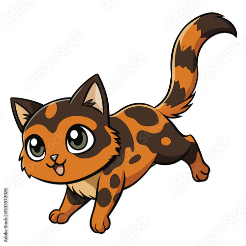 a tortoiseshell cat, with mottled fur, launches itself gracefully, showing its playful agility.