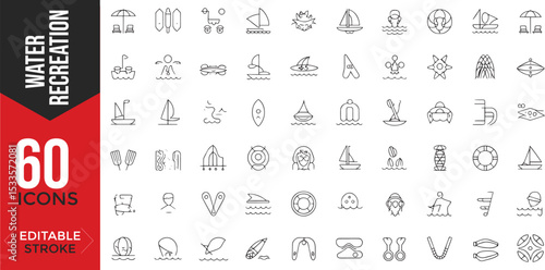 Water Adventures Icon Set – Editable Line Icons for Aquatic Sports & Recreation

