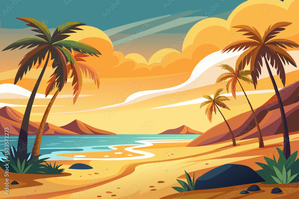 Tropical paradise beach with palm trees, blue sky, and ocean waves Tropical paradise beach with palm trees, blue sky, and ocean waves