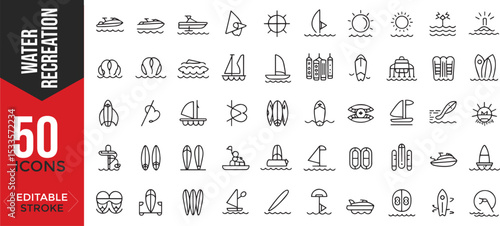 Water Adventures Icon Set – Editable Line Icons for Aquatic Sports & Recreation

