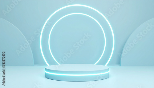 Showcase with cylinder pedestal with lighting for the product against a bright neon-lit background.
