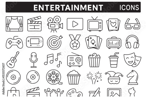 Set of minimalist entertainment icons depicting various forms of entertainment such as movies, music, gaming, and performance art