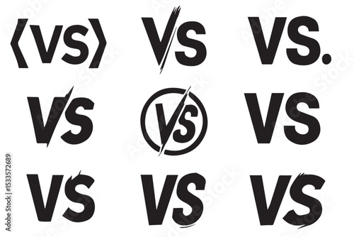 Collection of creative VS logo designs in various artistic styles, including slashes, flames, and circular elements for rivalry concepts, icon set