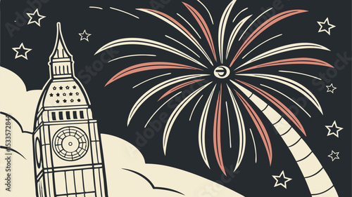 Illustration of big ben with fireworks and stars in the night sky on a cloudy background scene