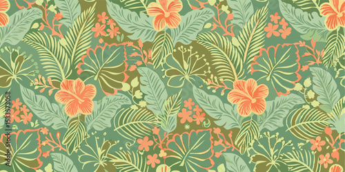 Seamless pattern of tropical foliage with hibiscus flowers and various green leaf shapes design elements