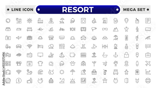 Resort Hotel web icons in outline style. Wellness, beach, tourism, hotel, passport, maps, spa, landscape, camera. Icon collection.