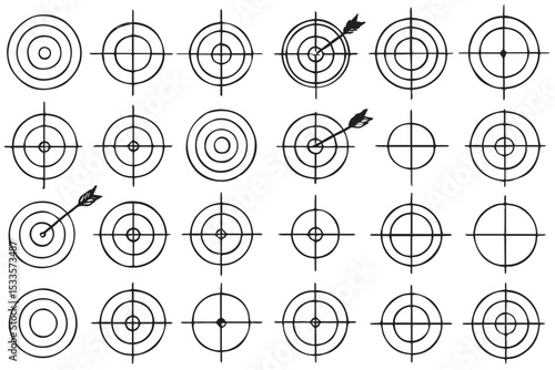 target icons with concentric circles and arrows, including a dart hitting the center, designed for target, precision, and goal related projects