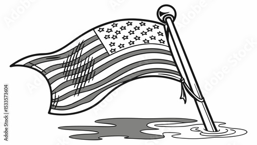 Illustration of a waving american flag on a pole with a puddle at its base in black and white style