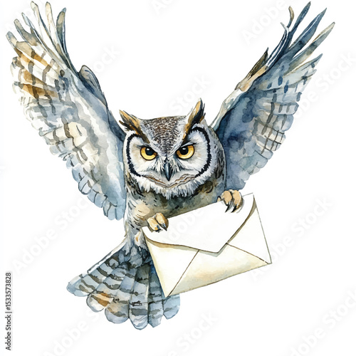 Watercolor Owl Delivering a Letter with Wings Spread Wide in Flight (1)