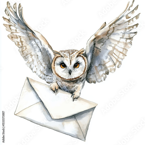 Watercolor Owl Delivering a Letter with Wings Spread Wide in Flight