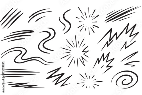abstract motion streaks, spark, and lightning effects, perfect for representing energy, movement, and speed, line art icon set