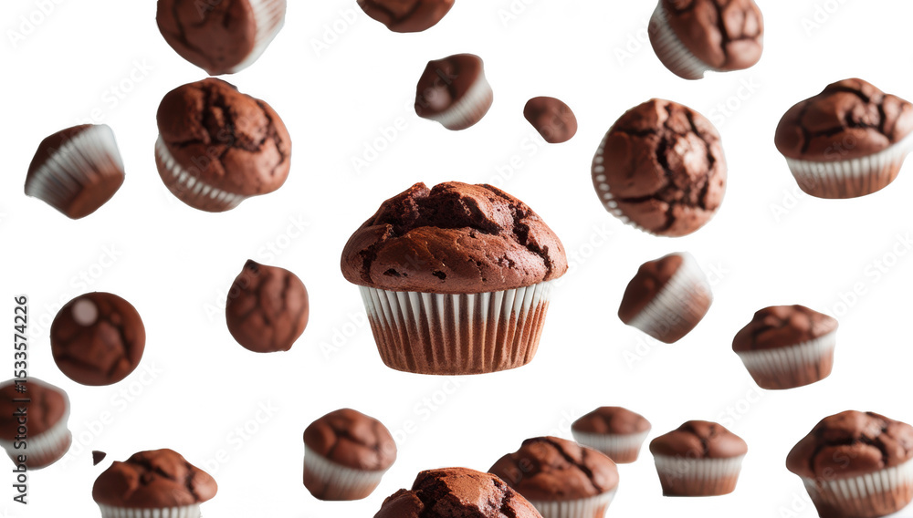 Muffin de chocolate esparcido por el aire. Aislados sobre fondo transparente. PNG. Muffin de chocolate esparcido por el aire. Aislados sobre fondo transparente. PNG.