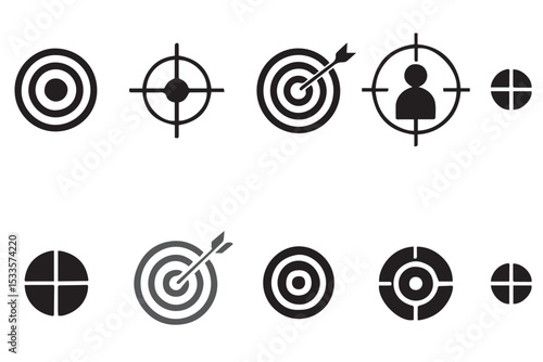 Set of bullseye and target icons, including crosshair and dartboard designs, perfect for precision, targeting, and goals, line art icon set