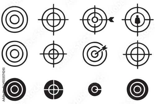 target symbols with arrows, focus points, and crosshairs, ideal for accuracy, marketing, and aiming concepts, line art icon set