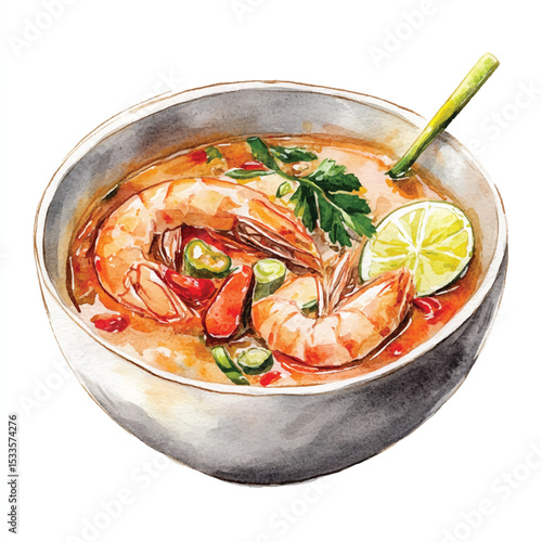 Watercolor Illustration of Tom Yum Soup with Shrimp Lime and Herbs