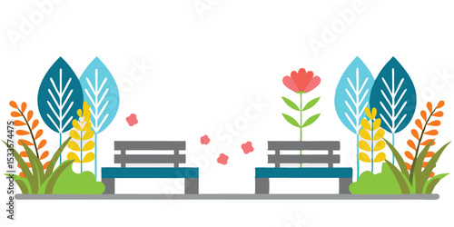 Illustration of a peaceful park scene with benches, trees, and a flower in a serene setting