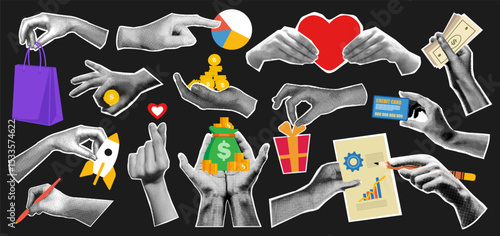 Set of halftone hand or arm gesture with love, money and business success symbol. Retro torn paper sticker with marketing or finance idea and startup innovation concept. Y2k doodle infographic icon.
