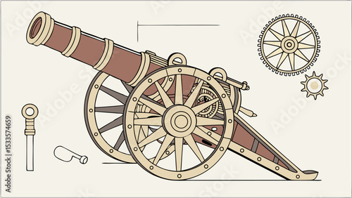 Illustration of a vintage cannon with wheels and gears alongside a ramrod and small tool on a plain background