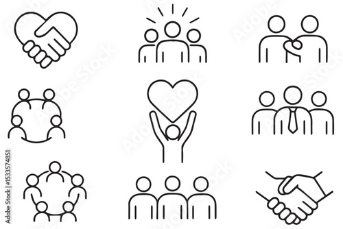 Connecting through support, unity, and group dynamics illustrated with diverse line art icons, including hearts, people, and hands, line art icon set